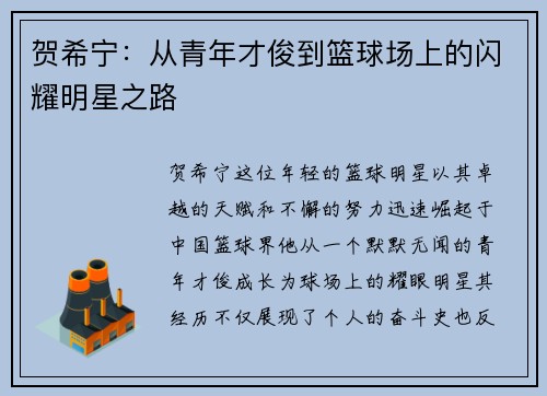 贺希宁：从青年才俊到篮球场上的闪耀明星之路